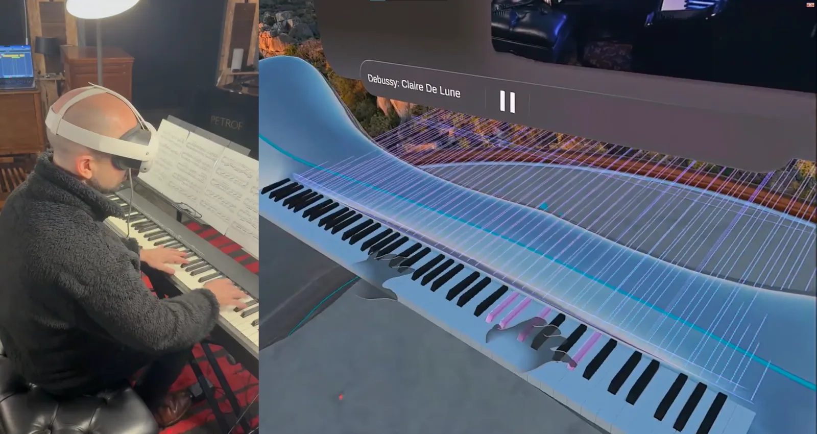 A player at a real upright piano wearing a headset, next to the same moment inside Museverse: the virtual keyboard with the notes of Clair de Lune