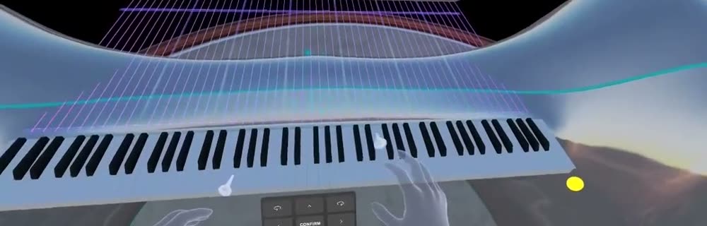 First-person view in Museverse - your hands over the piano with guidance on the keys